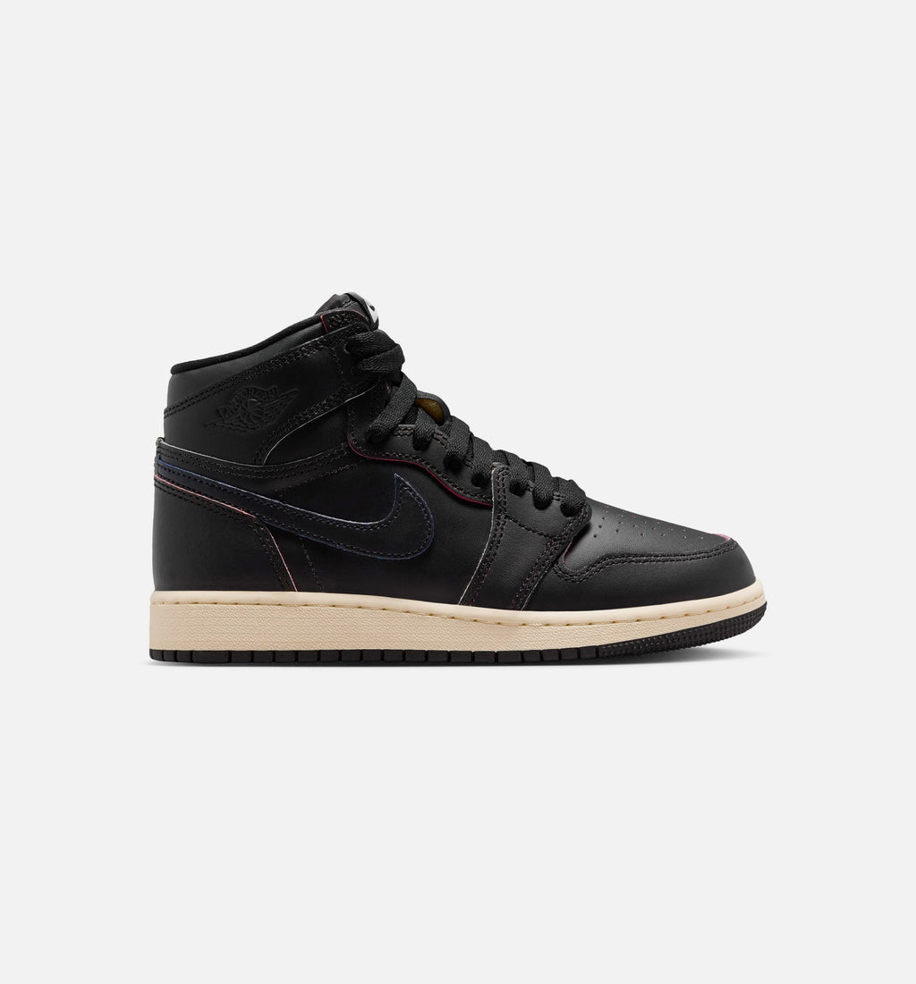 Air Jordan 1 Retro High OG Grade School Shoes - Black/Black/Muslin